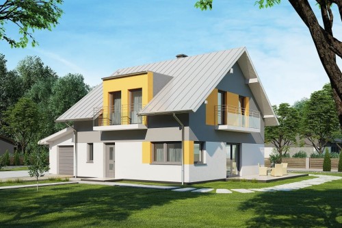 Projekt domu Ervia DM-6686, parterowy z poddaszem mieszkalnym, z garażem jednostanowiskowym - kolorystyka wersja 2