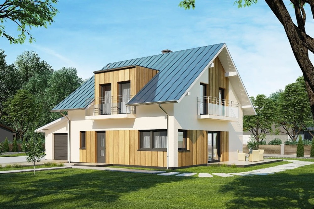 Projekt domu Ervia DM-6686, parterowy z poddaszem mieszkalnym, z garażem jednostanowiskowym - kolorystyka wersja 3