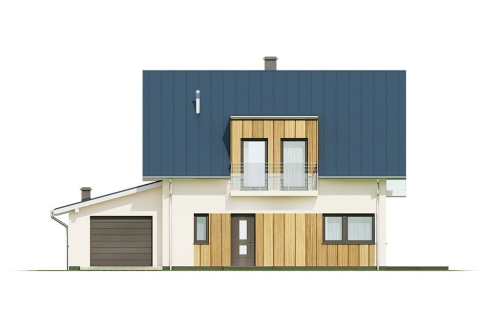 Projekt domu Ervia DM-6686, parterowy z poddaszem mieszkalnym, z garażem jednostanowiskowym - wizualizacja elewacji frontowej