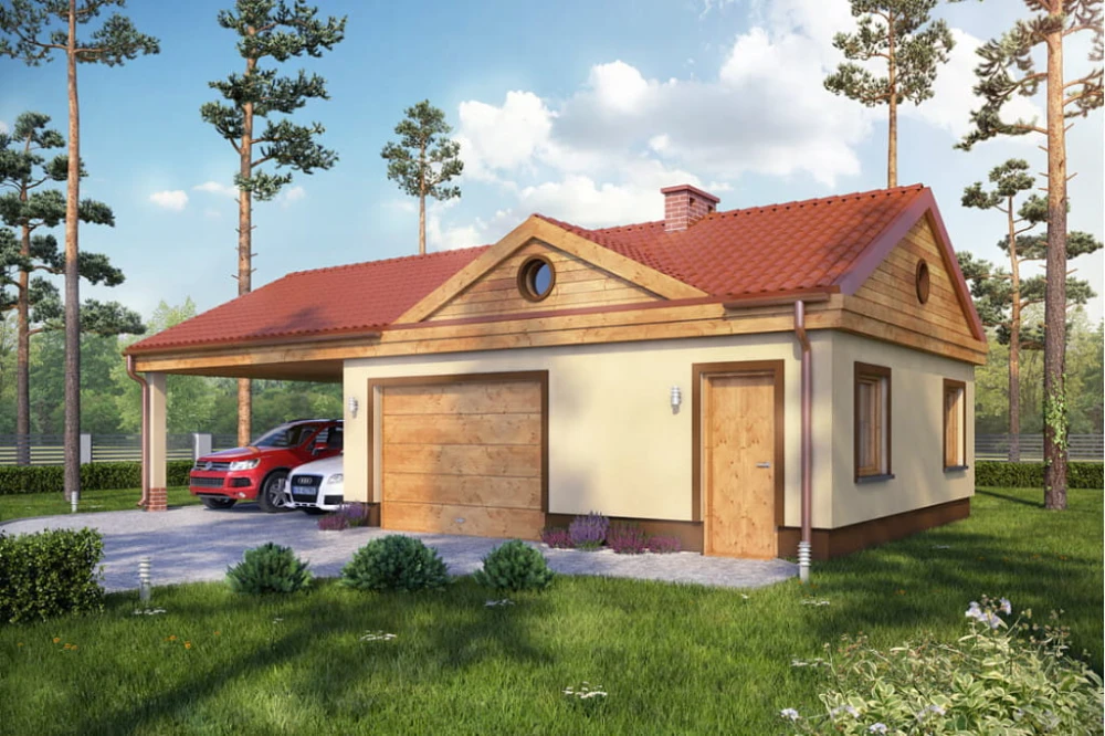 Projekt garażu jednostanowiskowego ZG-95, parterowy, niepodpiwniczony - kolorystyka wersja 4