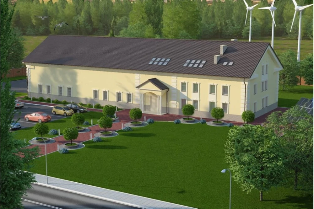 Projekt hali magazynowo-biurowej K-100, budynek piętrowy z antresolą, bez podpiwniczenia - kolorystyka wersja 1