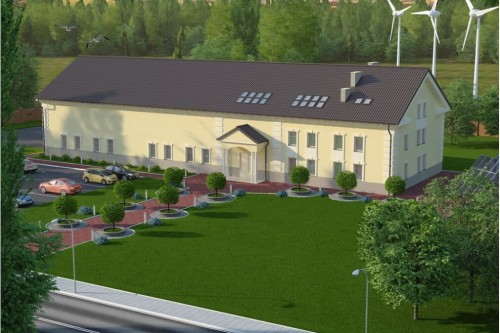 Projekt hali magazynowo-biurowej K-100, budynek piętrowy z antresolą, bez podpiwniczenia - kolorystyka wersja 1
