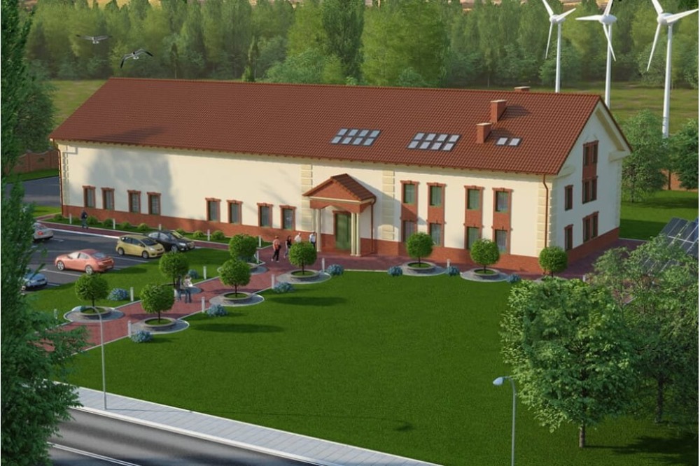 Projekt hali magazynowo-biurowej K-100, budynek piętrowy z antresolą, bez podpiwniczenia - kolorystyka wersja 2