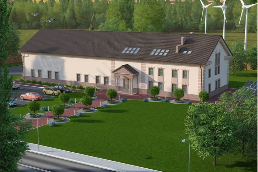 Projekt hali magazynowo-biurowej K-100, budynek piętrowy z antresolą, bez podpiwniczenia - kolorystyka wersja 4
