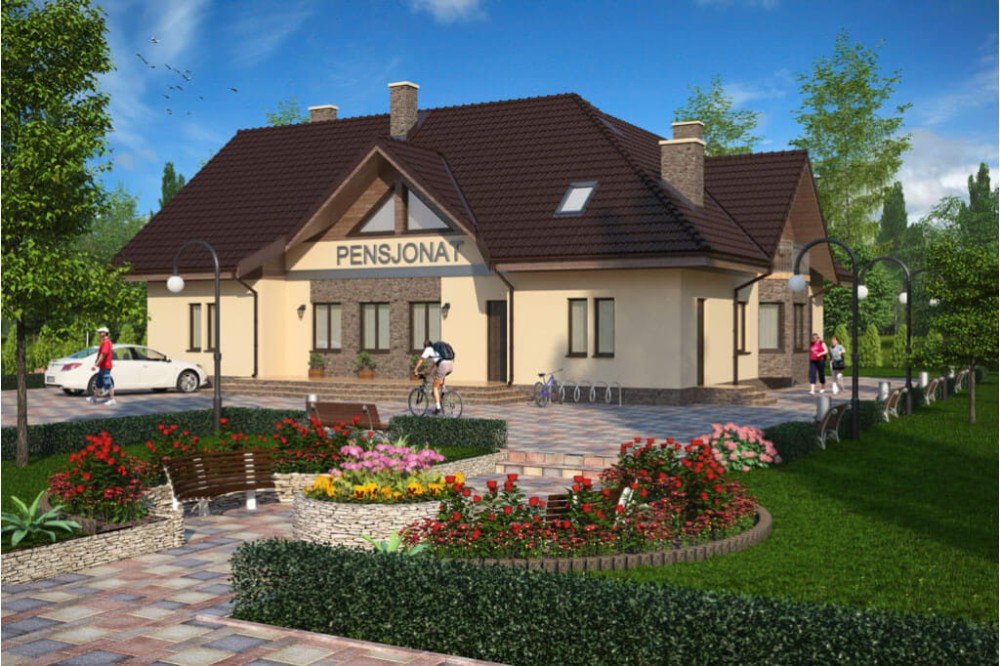 Projekt domu Tarnowiec DM-6044, parterowy z poddaszem użytkowym, pensjonat - kolorystyka wersja 1