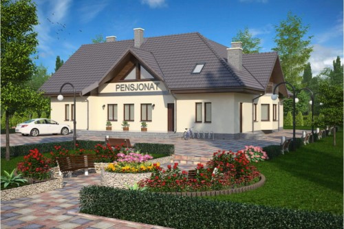 Projekt domu Tarnowiec DM-6044, parterowy z poddaszem użytkowym, pensjonat - kolorystyka wersja 2