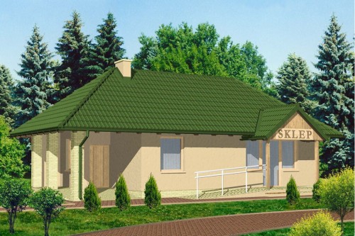 Projekt sklepu K-05, budynek parterowy, niepodpiwniczony - kolorystyka wersja 2