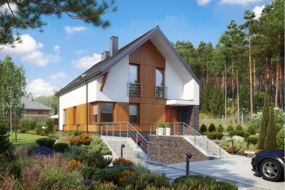 Projekt domu Irysowo 2 L-6594, dom parterowy z poddaszem mieszkalnym, z garażem, częściowo podpiwniczony  - kolorystyka wersja 1
