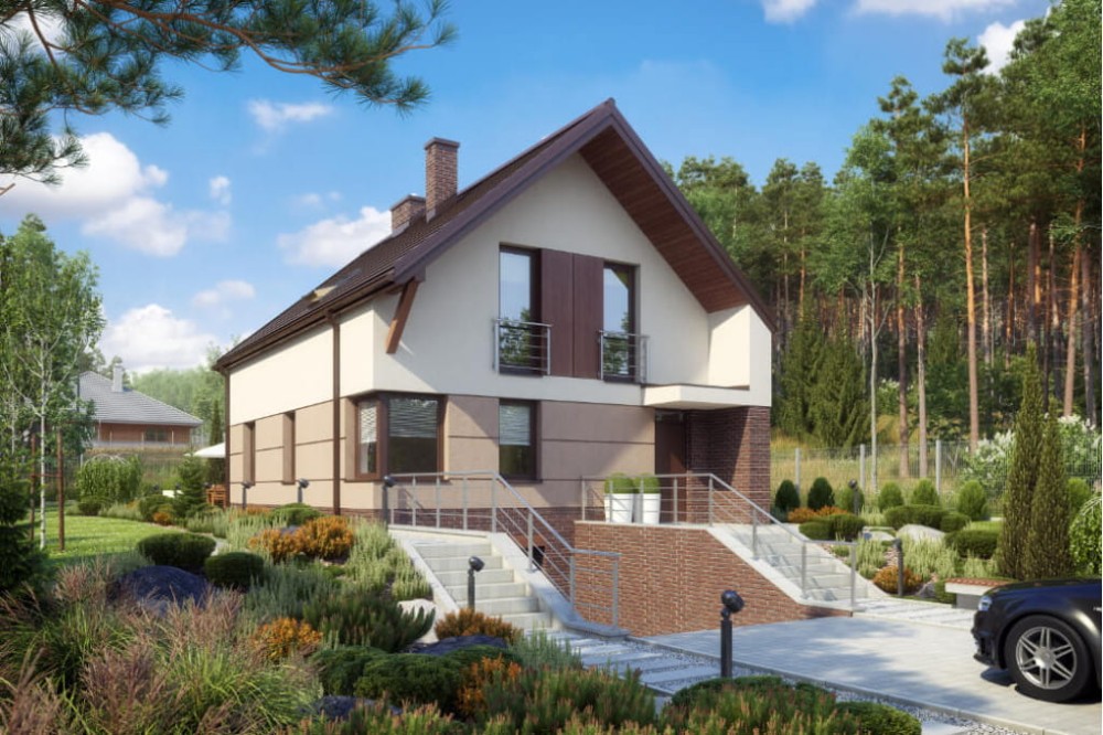 Projekt domu Irysowo 2 L-6594, dom parterowy z poddaszem mieszkalnym, z garażem, częściowo podpiwniczony  - kolorystyka wersja 2