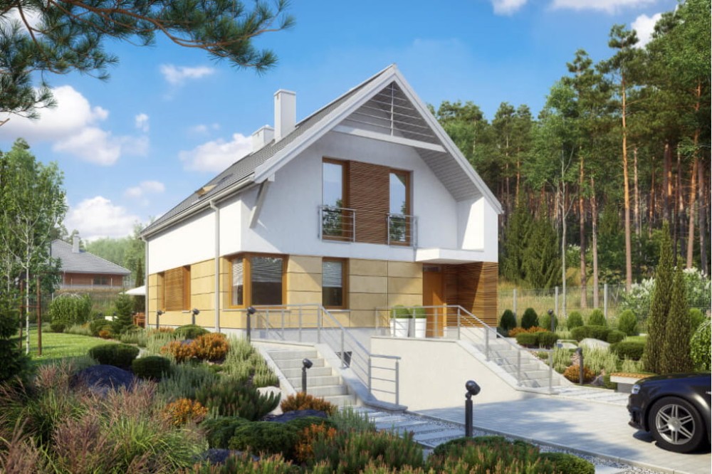 Projekt domu Irysowo 2 L-6594, dom parterowy z poddaszem mieszkalnym, z garażem, częściowo podpiwniczony  - kolorystyka wersja 3