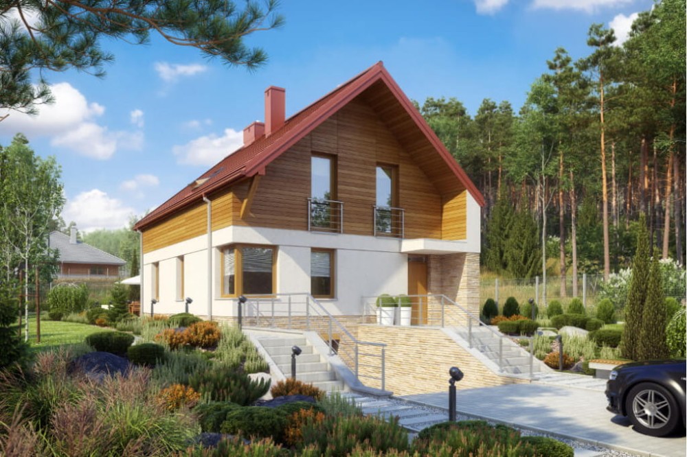 Projekt domu Irysowo 2 L-6594, dom parterowy z poddaszem mieszkalnym, z garażem, częściowo podpiwniczony  - kolorystyka wersja 4