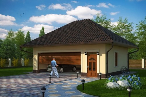 Projekt garażu dwustanowiskowego LZG-87,parterowyz użytkowym poddaszem, niepodpiwniczony - kolorystyka wersja 2
