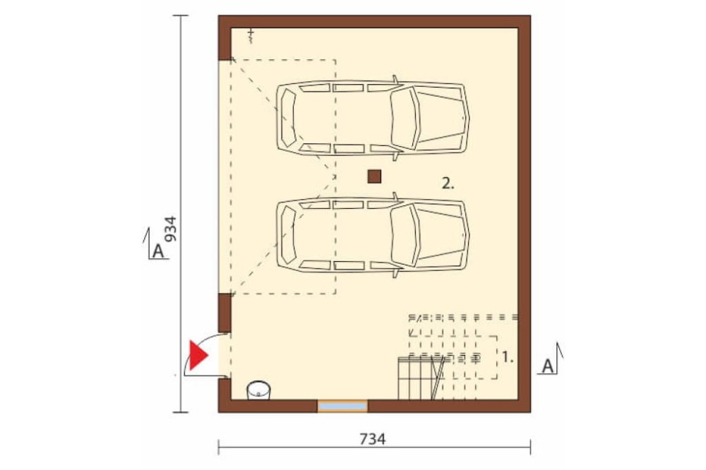 Projekt garażu dwustanowiskowego LZG-87, parterowy, ze strychem, niepodpiwniczony - rzut parteru