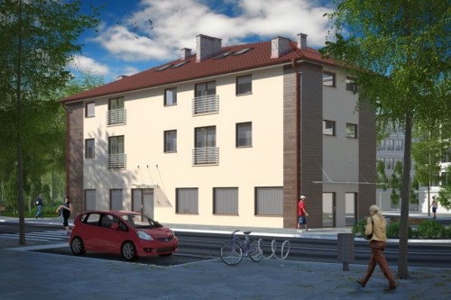 Projekt budynku usługowo - mieszkalnego LK-34, dwupiętrowy z poddaszem mieszkalnym bez podpiwniczenia i bez garażu - kolorystyka wersja 1