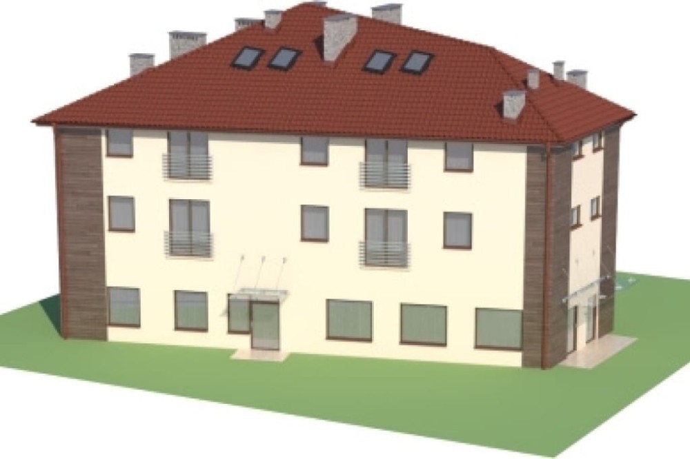 Projekt budynku usługowo - mieszkalnego LK-34, dwupiętrowy z poddaszem mieszkalnym bez podpiwniczenia i bez garażu - model