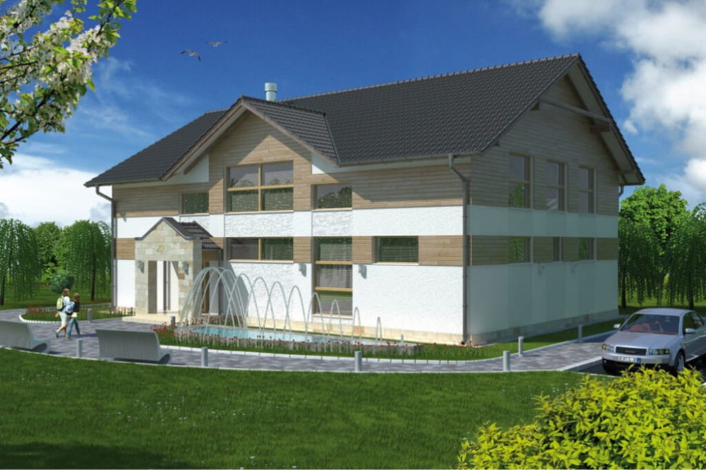 Projekt centrum odnowy LK-27, parterowy z poddaszem użytkowym, niepodpiwniczony, bez garażu - kolorystyka wersja 3