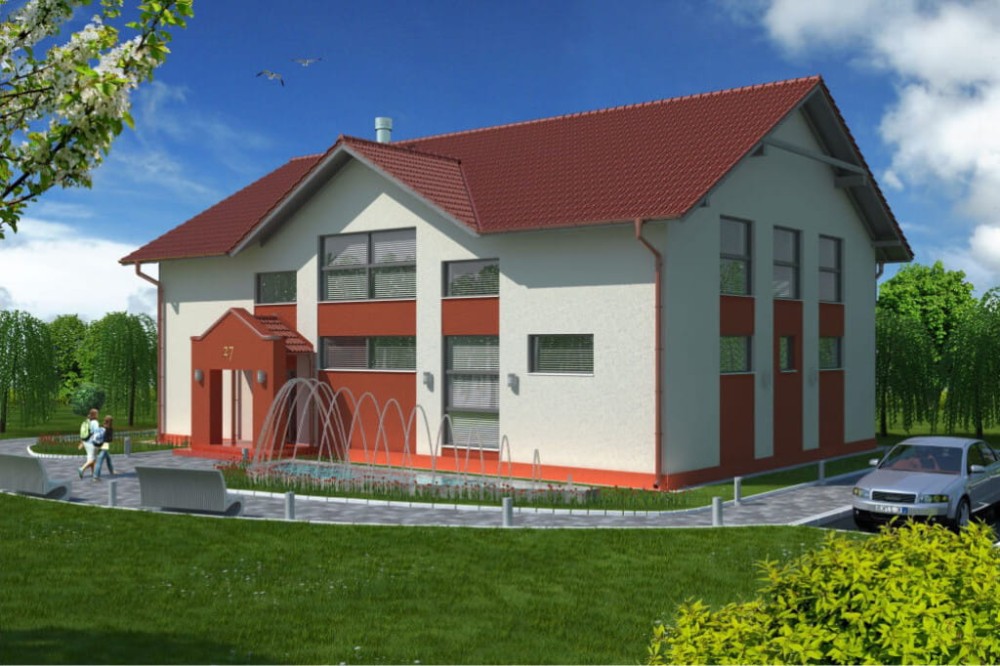 Projekt centrum odnowy LK-27, parterowy z poddaszem użytkowym, niepodpiwniczony, bez garażu - kolorystyka wersja 4