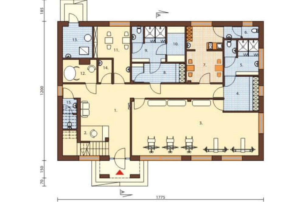 Projekt centrum odnowy LK-27, parterowy z poddaszem użytkowym, niepodpiwniczony, bez garażu - rzut parteru