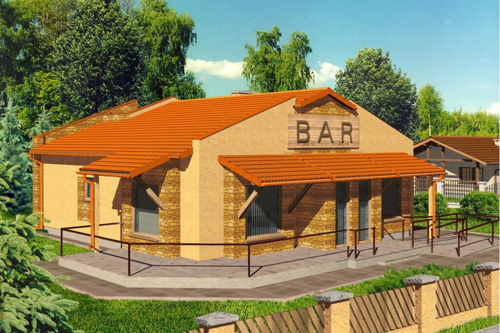 Projekt baru K-03, budynek parterowy, niepodpiwniczony - kolorystyka wersja 2