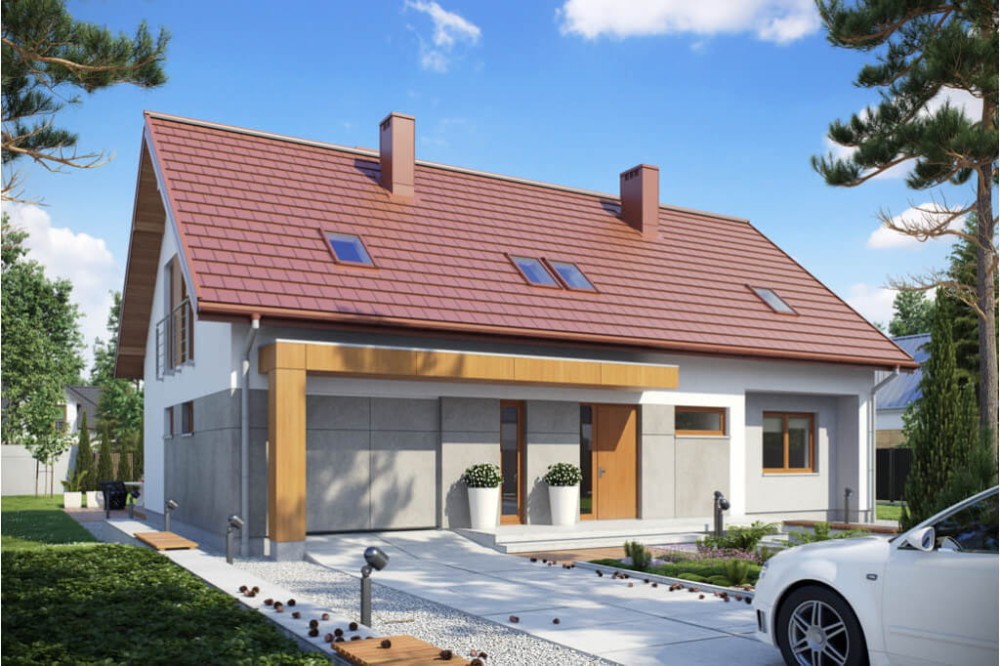 Projekt domu Rycerka DM-6411, parterowy  z poddaszem użytkowym, jednorodzinny, tradycyjny, z garażem-kolorystyka wersja 2