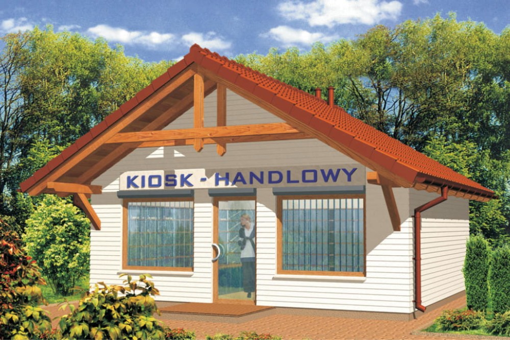 Projekt kiosku handlowego ZG-01, parterowy, niepodpiwniczony, bez garażu - kolorystyka wersja 1