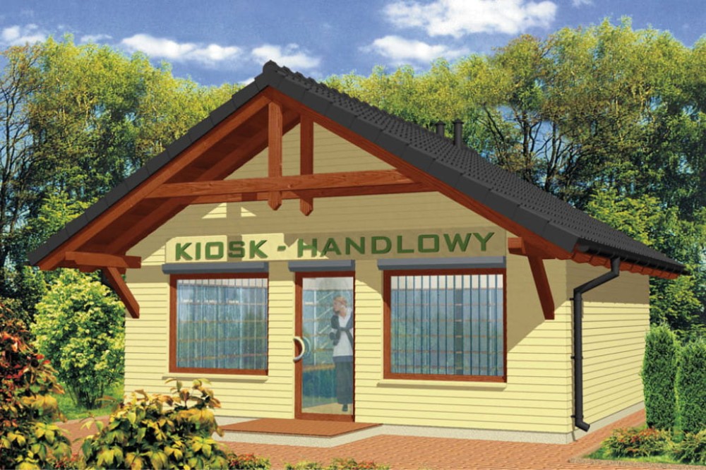 Projekt kiosku handlowego ZG-01, parterowy, niepodpiwniczony, bez garażu - kolorystyka wersja 4