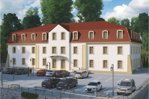 Projekt hotelu LK-74 -  piętrowy, podpiwniczony, bez garażu - kolorystyka wersja 1