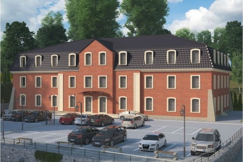 Projekt hotelu LK-74 -  piętrowy, podpiwniczony, bez garażu - kolorystyka wersja 2