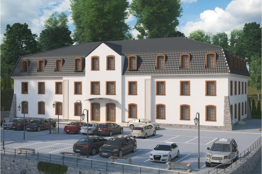 Projekt hotelu LK-74, dwupiętrowy, podpiwniczony, bez garażu - kolorystyka wersja 3