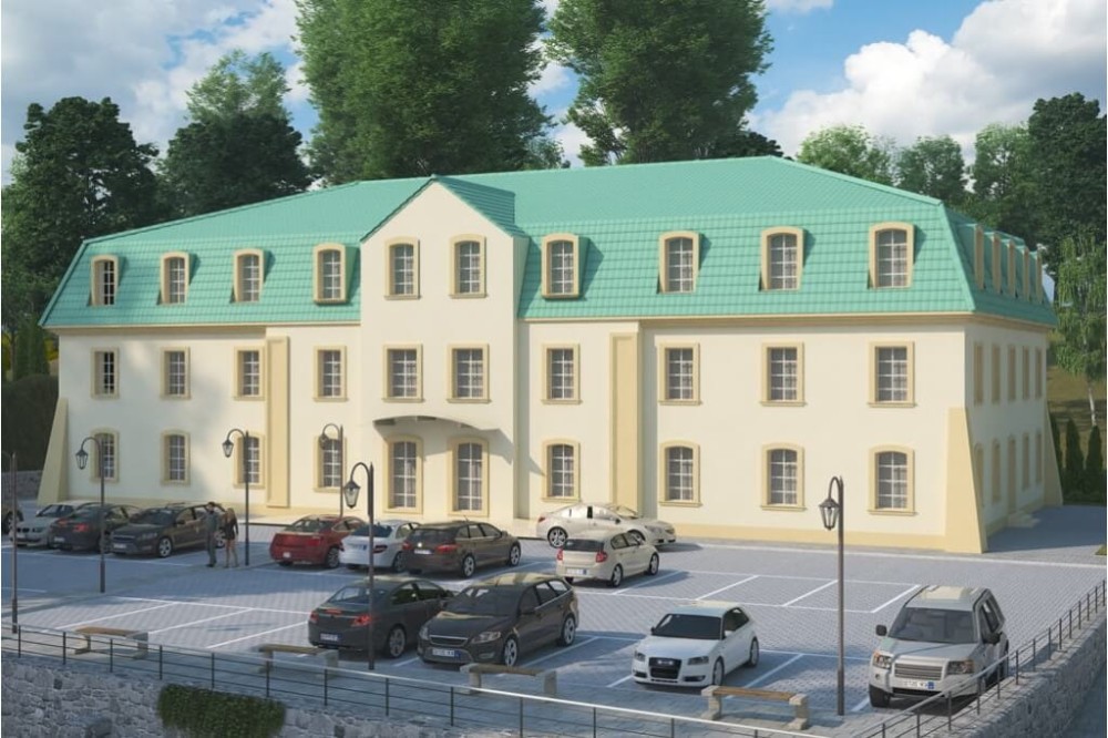 Projekt hotelu LK-74, dwupiętrowy, podpiwniczony, bez garażu - kolorystyka wersja 4