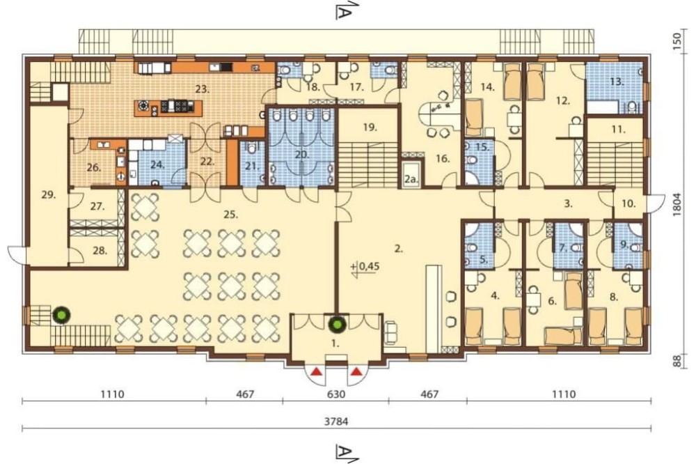 Projekt hotelu LK-74, dwupiętrowy, podpiwniczony, bez garażu - rzut parteru