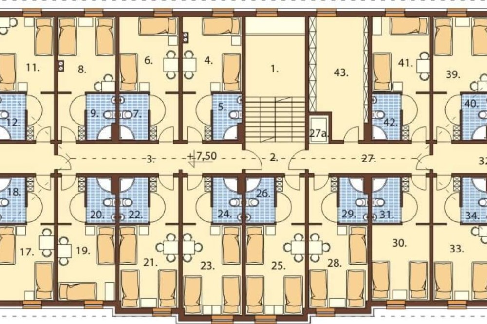 Projekt hotelu LK-74, dwupiętrowy, podpiwniczony, bez garażu - rzut drugiego piętra
