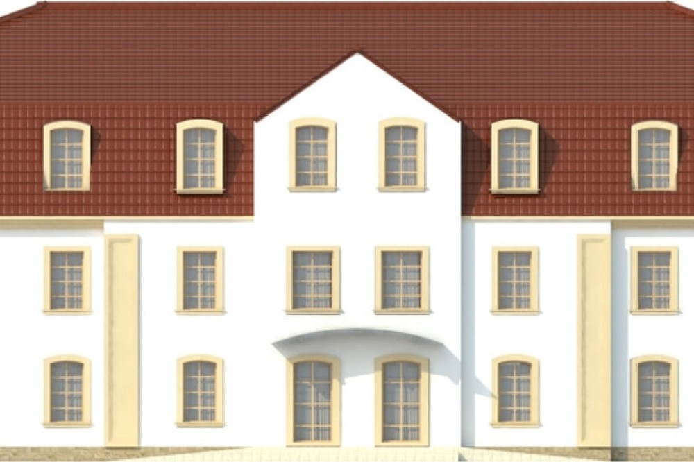 Projekt hotelu LK-74, dwupiętrowy, podpiwniczony, bez garażu - elewacja frontowa