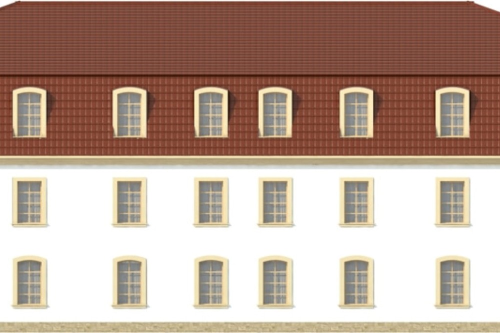 Projekt hotelu LK-74, dwupiętrowy, podpiwniczony, bez garażu - elewacja ogrodowa