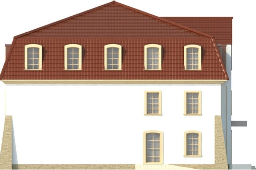 Projekt hotelu LK-74, dwupiętrowy, podpiwniczony, bez garażu - elewacja lewa