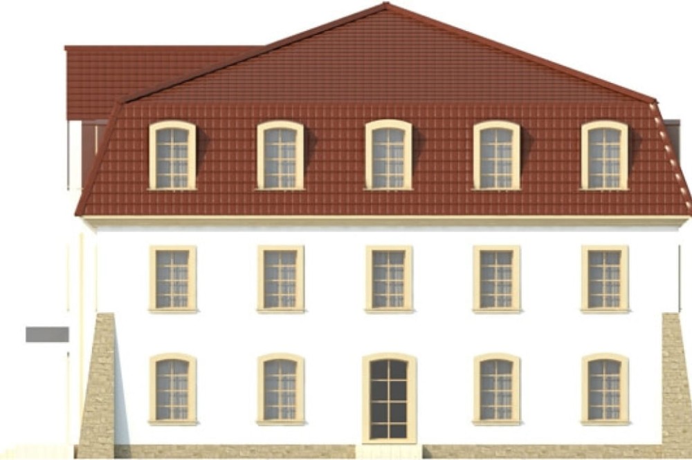 Projekt hotelu LK-74, dwupiętrowy, podpiwniczony, bez garażu - elewacja prawa