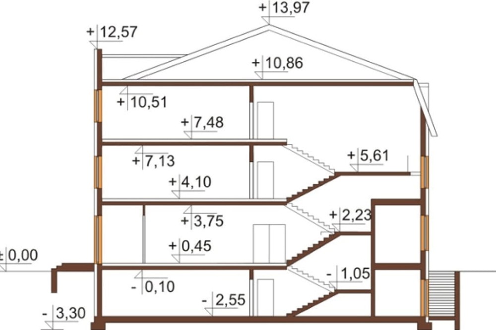Projekt hotelu LK-74, dwupiętrowy, podpiwniczony, bez garażu - przekrój A-A