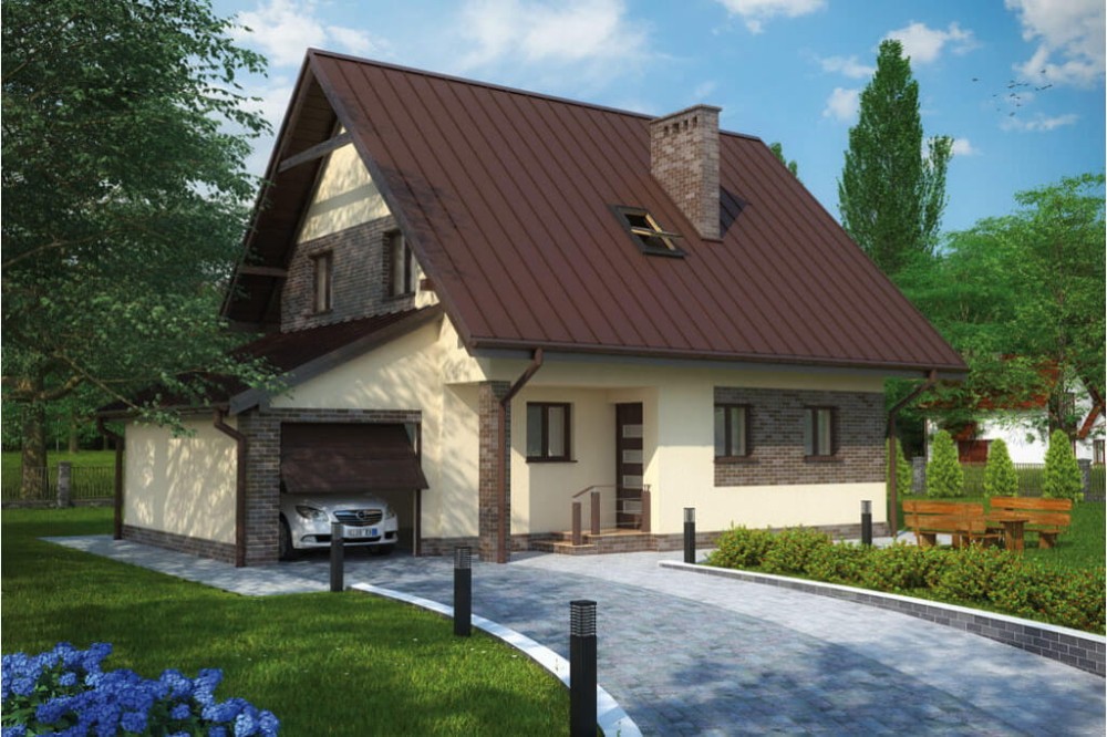 Projekt domu Wisełka L-6277, parterowy z garażem, z poddaszem mieszkalnym, częściowo podpiwniczony - kolorystyka wersja 2