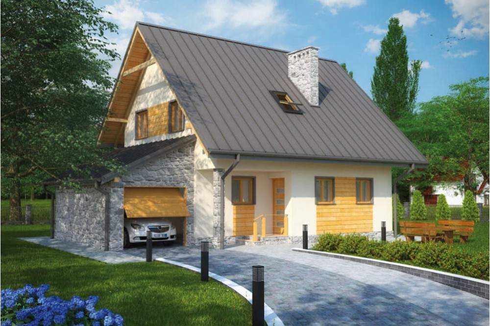 Projekt domu Wisełka L-6277, parterowy z garażem, z poddaszem mieszkalnym, częściowo podpiwniczony - kolorystyka wersja 3