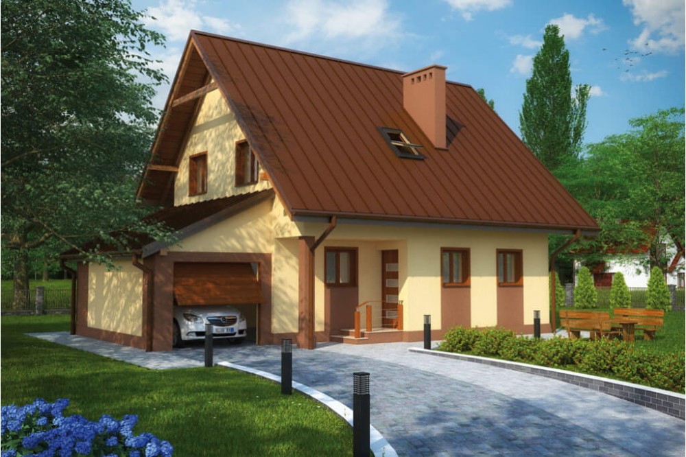 Projekt domu Wisełka L-6277, parterowy z garażem, z poddaszem mieszkalnym, częściowo podpiwniczony - kolorystyka wersja 4