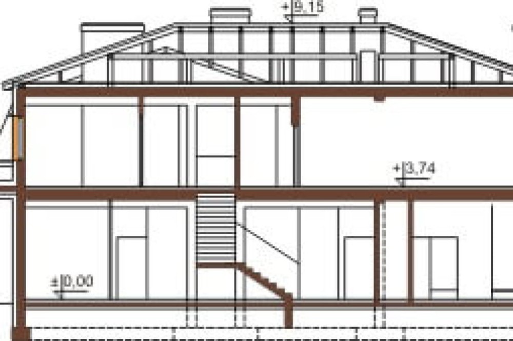 Projekt budynku usługowo-mieszkalnego LK-14, budynek piętrowy, bez podpiwniczenia - przekrój A-A