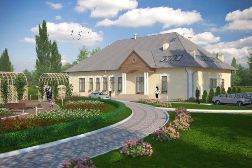 Projekt domu weselnego LK-42, parterowy z antresolą, bez podpiwniczenia, bez garażu - kolorystyka wersja 1