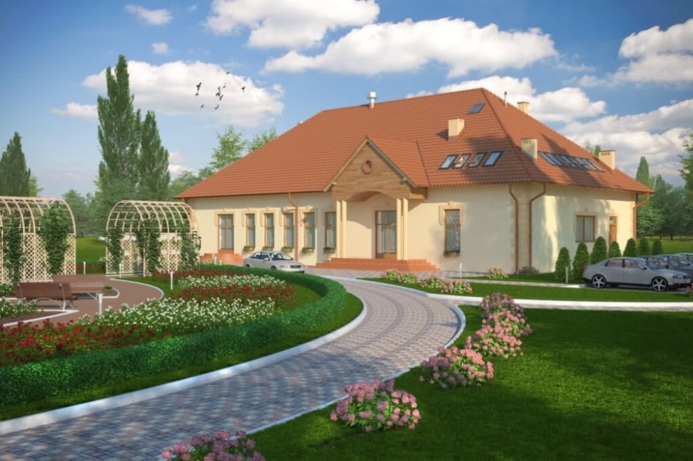 Projekt domu weselnego LK-42, parterowy z antresolą, bez podpiwniczenia, bez garażu - kolorystyka wersja 3