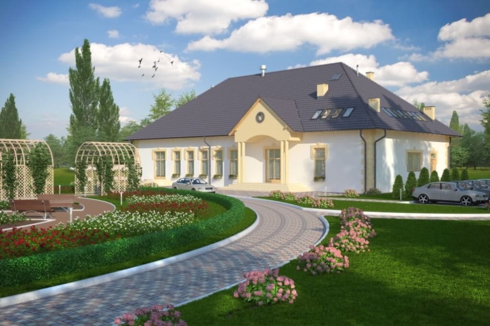 Projekt domu weselnego LK-42, parterowy z antresolą, bez podpiwniczenia, bez garażu - kolorystyka wersja 4