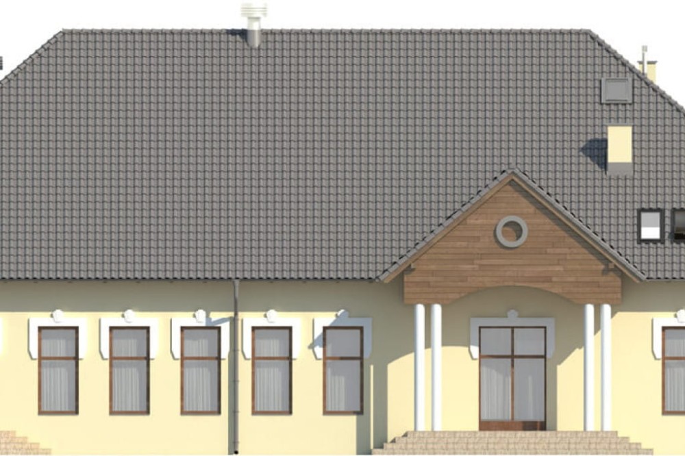 Projekt domu weselnego LK-42, parterowy z antresolą, bez podpiwniczenia, bez garażu - elewacja frontowa