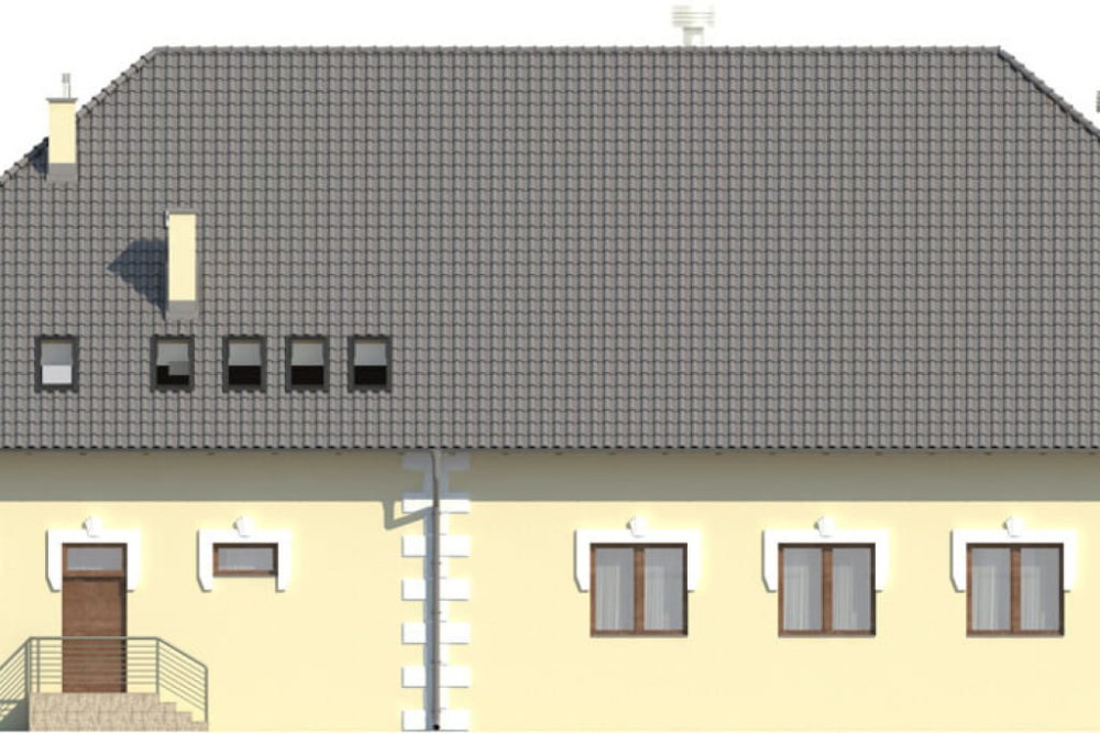 Projekt domu weselnego LK-42, parterowy z antresolą, bez podpiwniczenia, bez garażu - elewacja ogrodowa