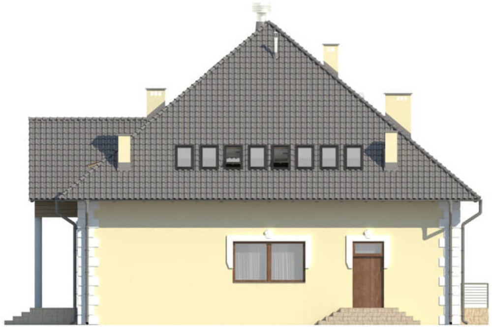 Projekt domu weselnego LK-42, parterowy z antresolą, bez podpiwniczenia, bez garażu - elewacja prawa