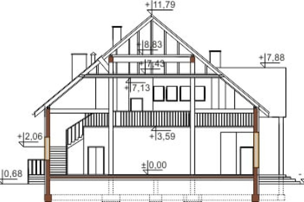 Projekt domu weselnego LK-42, parterowy z antresolą, bez podpiwniczenia, bez garażu - przekrój A-A