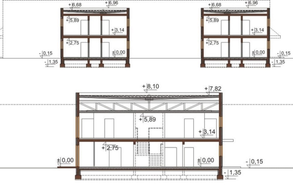 Projekt hotelu LK-96, dwukondygnacyjny, niepodpiwniczony, bez garażu - przekrój A-A
