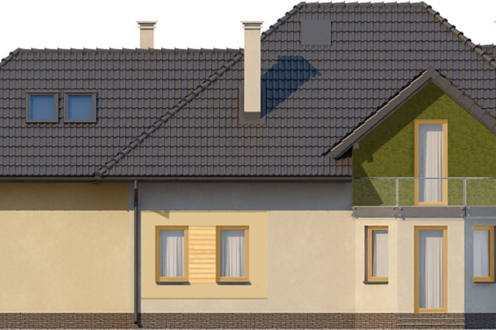 Projekt domu Astry DM-6572, parterowy z poddaszem mieszkalnym, niepodpiwniczony, z garażem dwustanowiskowym - elewacja ogrodowa